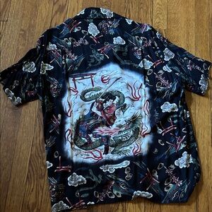 Men's Casual Dragon Print Button Down Shirt - Black